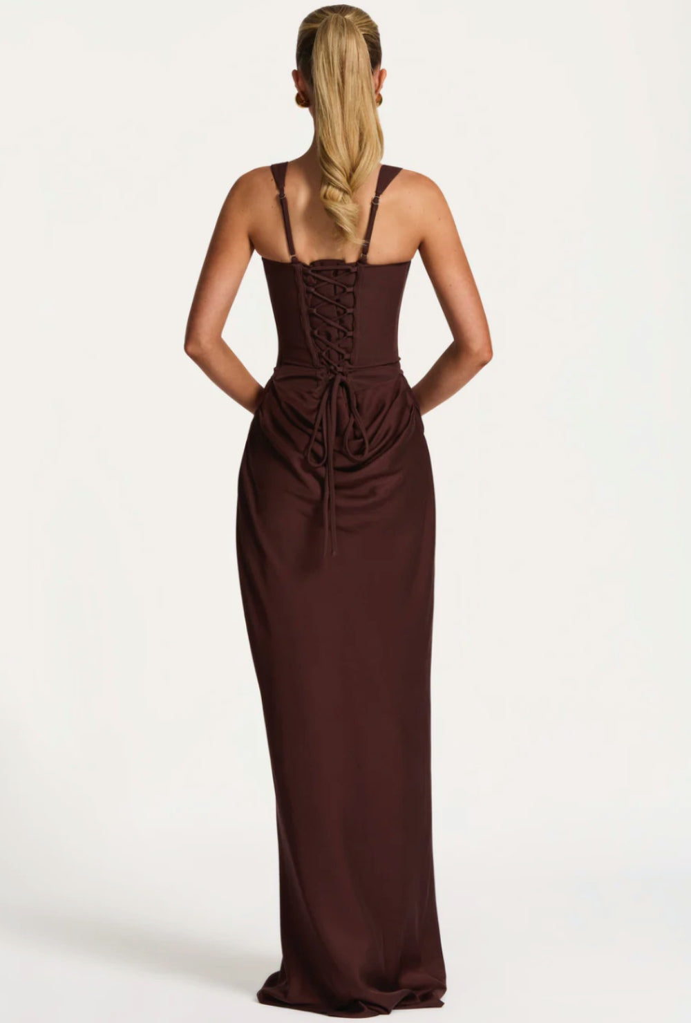 Dopasowana sukienka maxi z gorsetową górą z wiązaniem na plecach i drapowaną talią