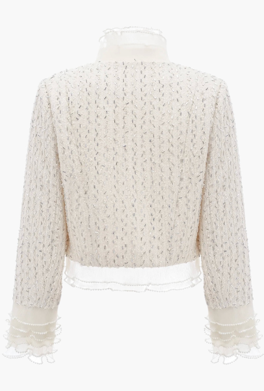 Biała krótka marynarka boucle ze zdobieniami ze sztucznych pereł i falbankowym kołnierzem
