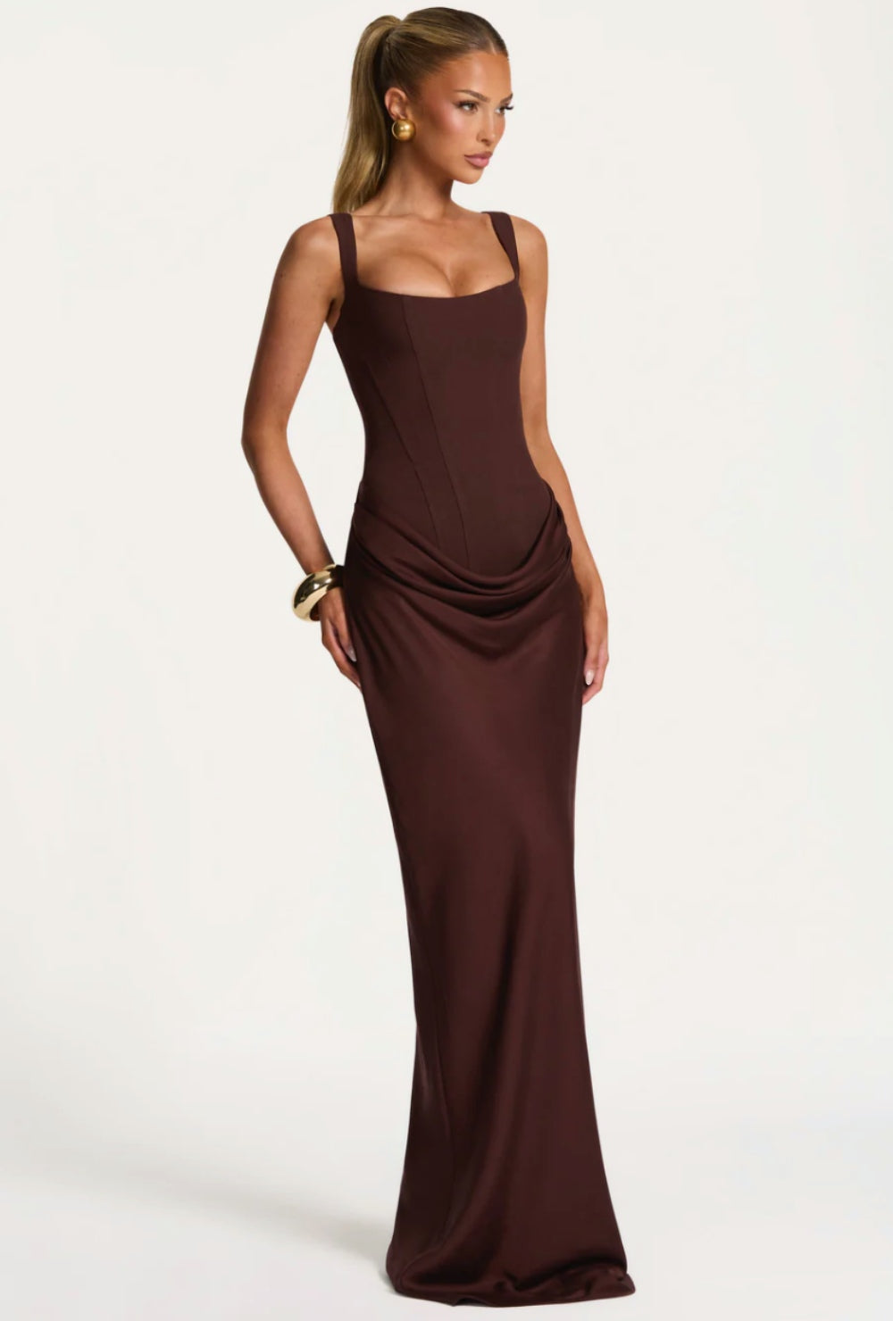 Dopasowana sukienka maxi z gorsetową górą z wiązaniem na plecach i drapowaną talią