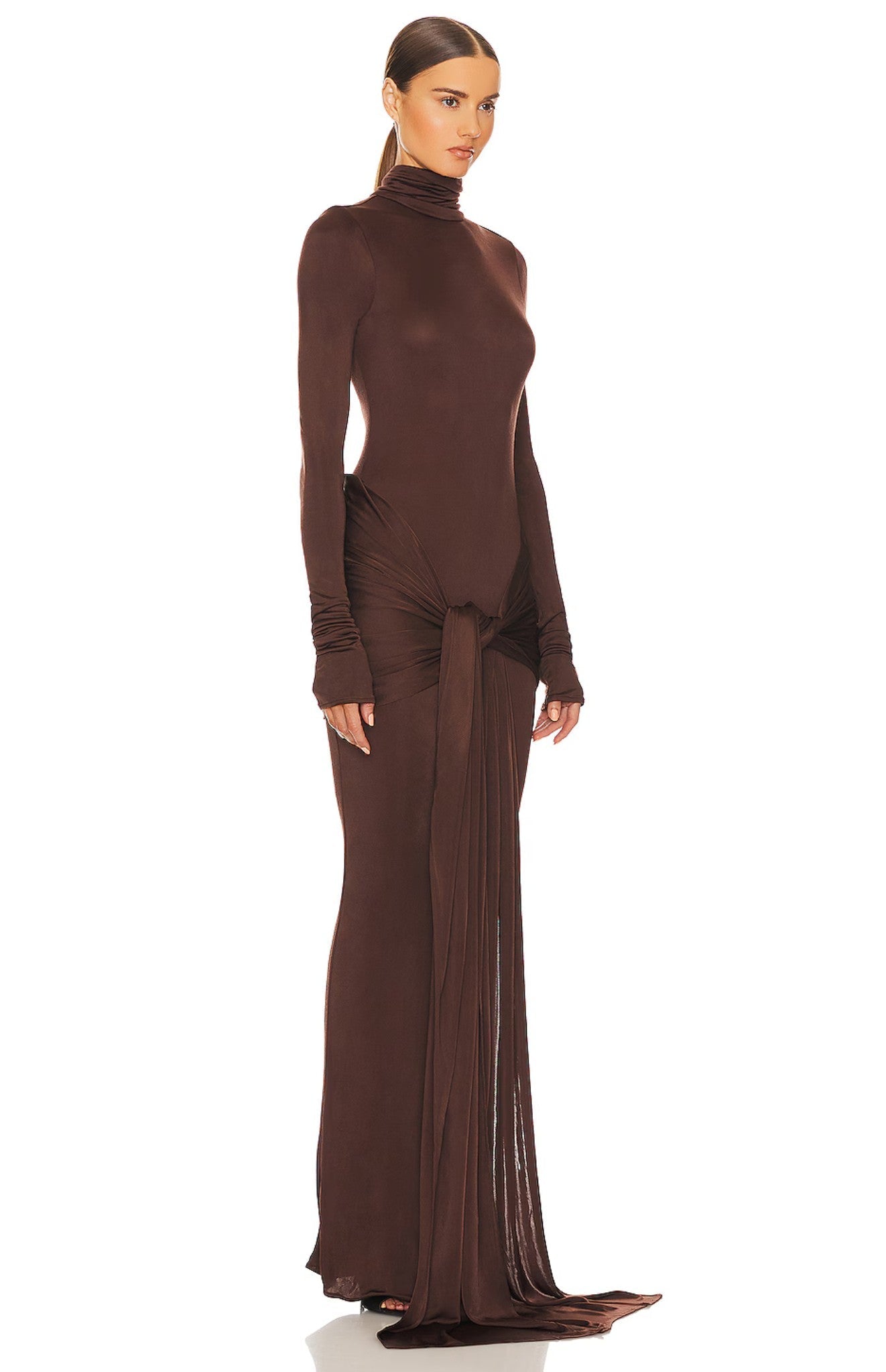 Bodycon sukienka maxi z golfem i siateczkowym wiązaniem