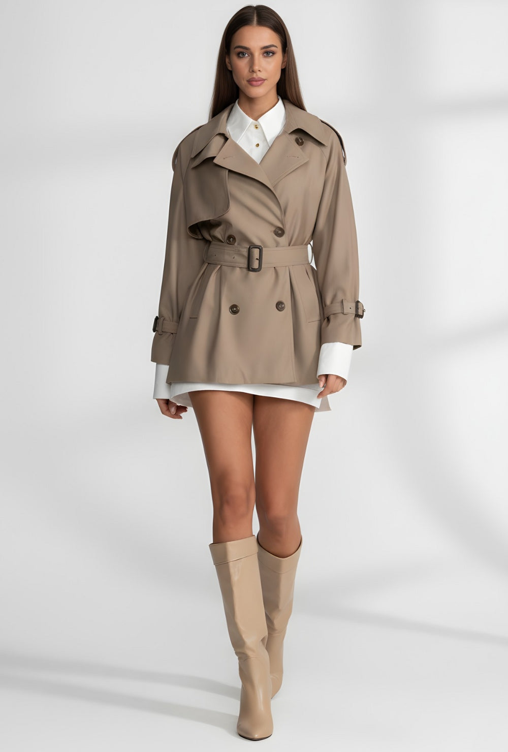 Beżowy krótki trencz z paskiem i podwójnym zapięciem na guziki