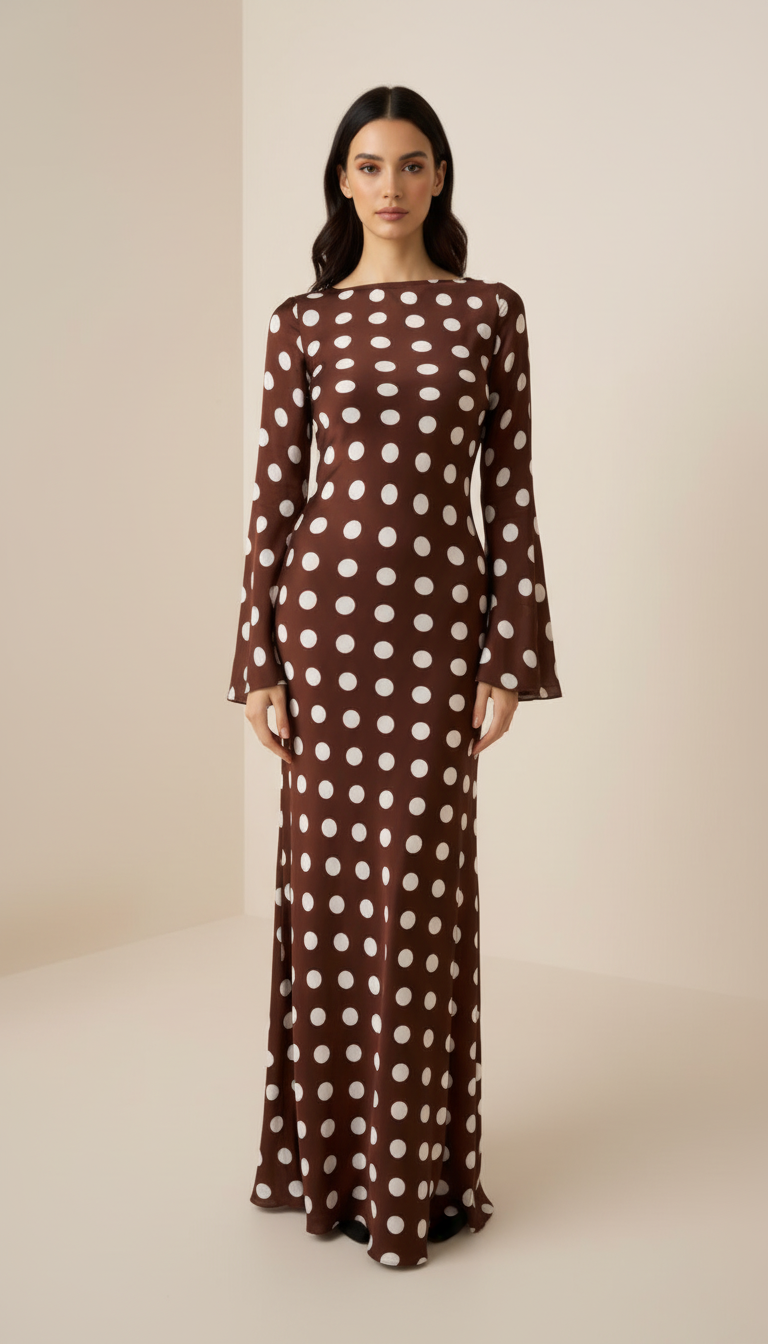 Brązowa satynowa sukienka maxi w grochy z rozszerzanymi rękawami