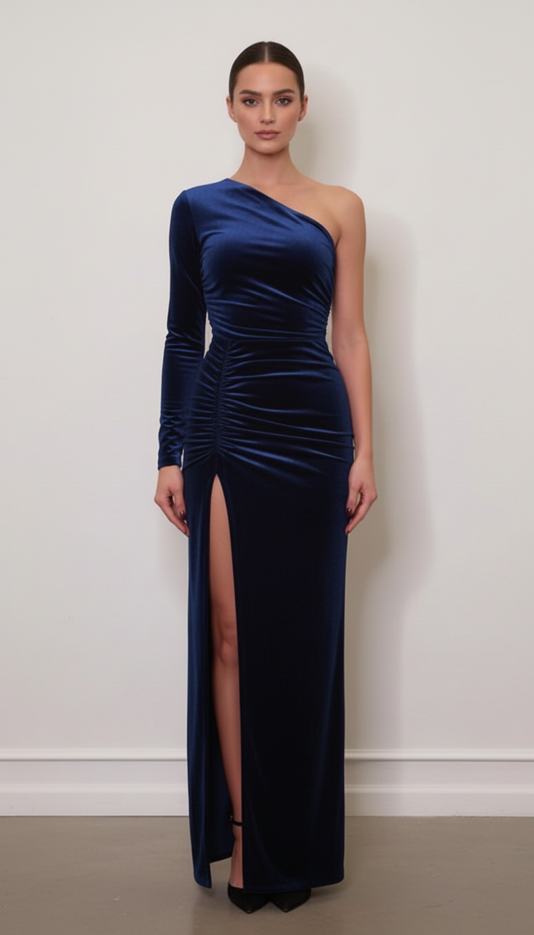 Asymetryczna welurowa sukienka maxi z marszczeniem i rozcięciem