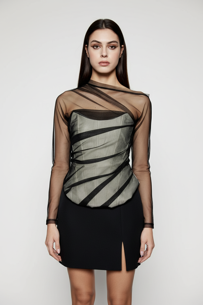 Top gorsetowy z transparentnej siateczki z długim rękawem i asymetrycznym drapowaniem