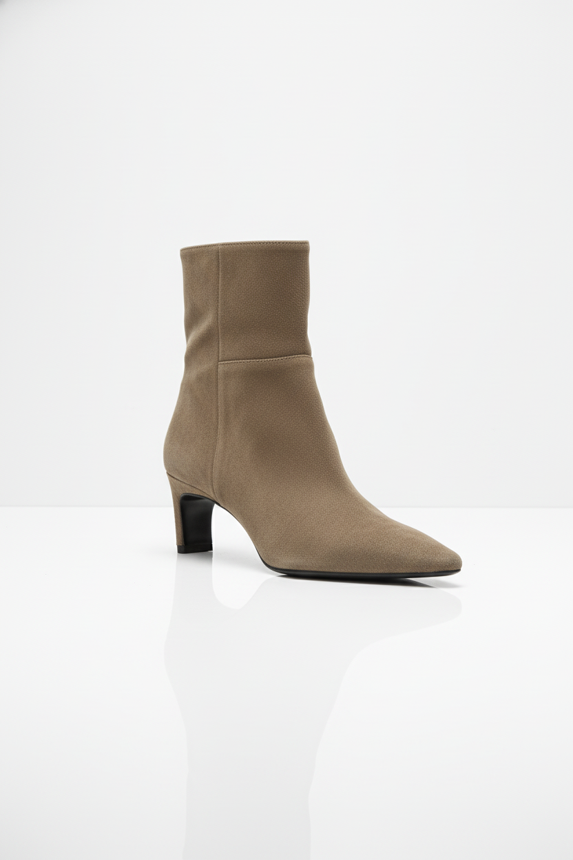 Botki za kostkę w kolorze taupe z miękkiego zamszu syntetycznego na niskim obcasie