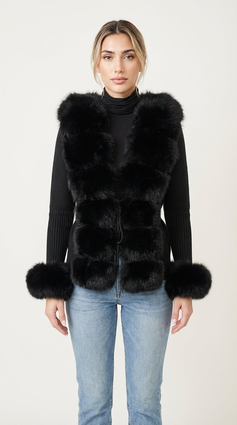 Kardigan dzianinowy z kołnierzem ze sztucznego futra z panelem z przodu i mankietami ze sztucznego futra