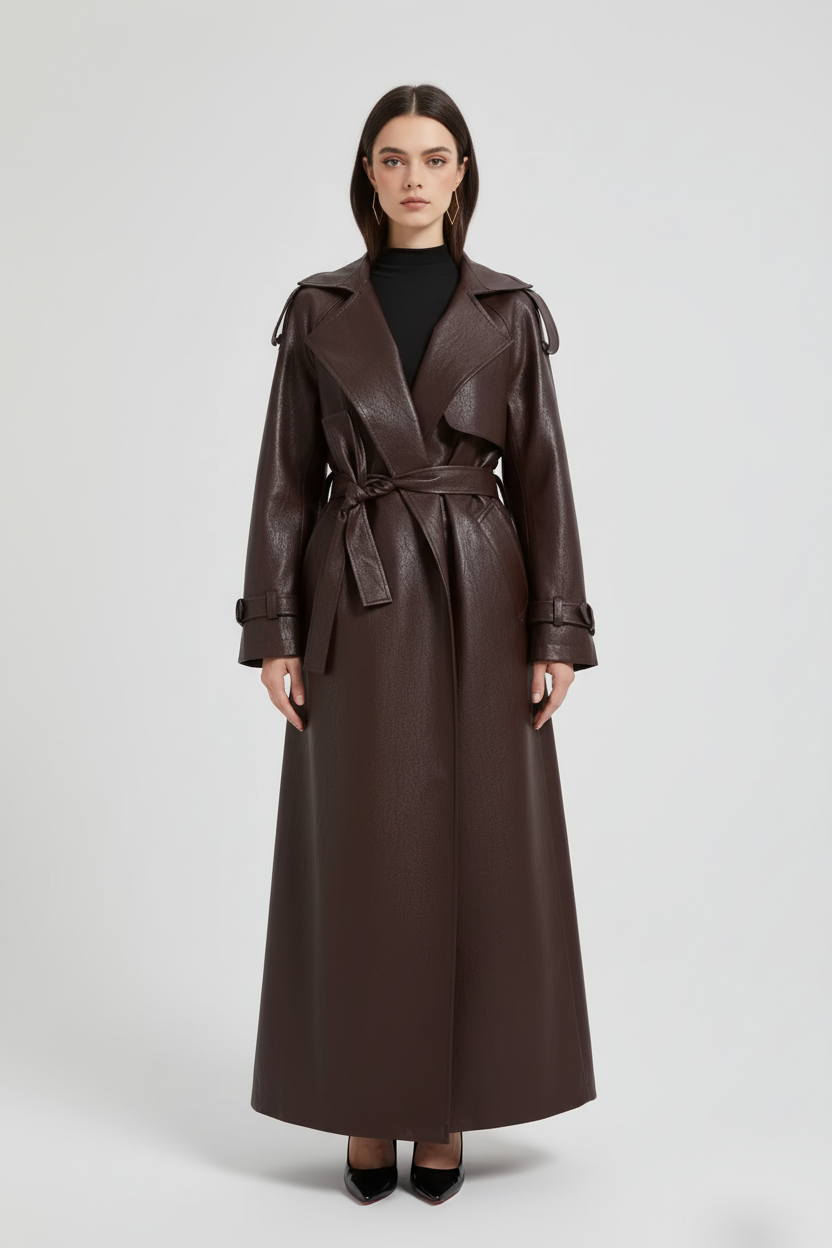 Długi płaszcz trencz maxi z sztucznej skóry z paskiem w talii i szerokimi klapami