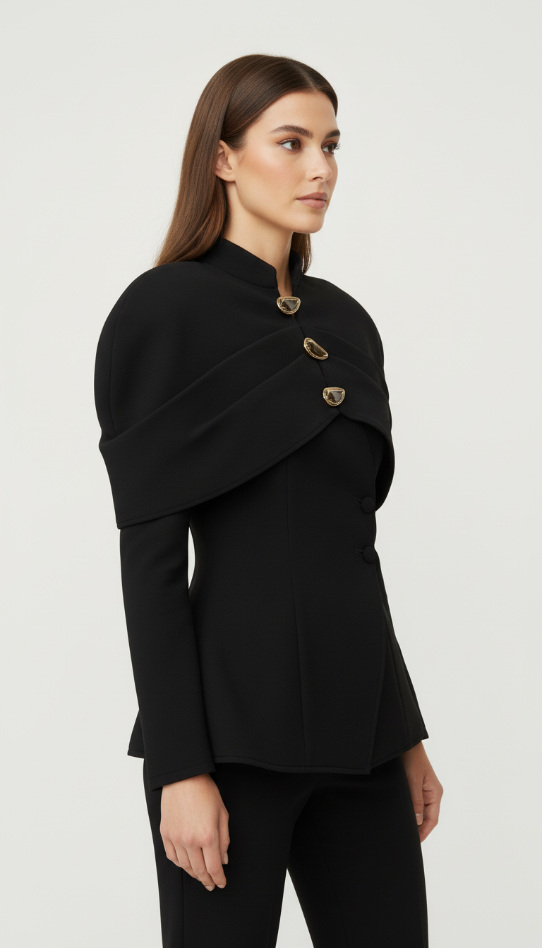 Czarny żakiet z warstwową konstrukcją ramion i łezkowymi zapięciami w odcieniu złota