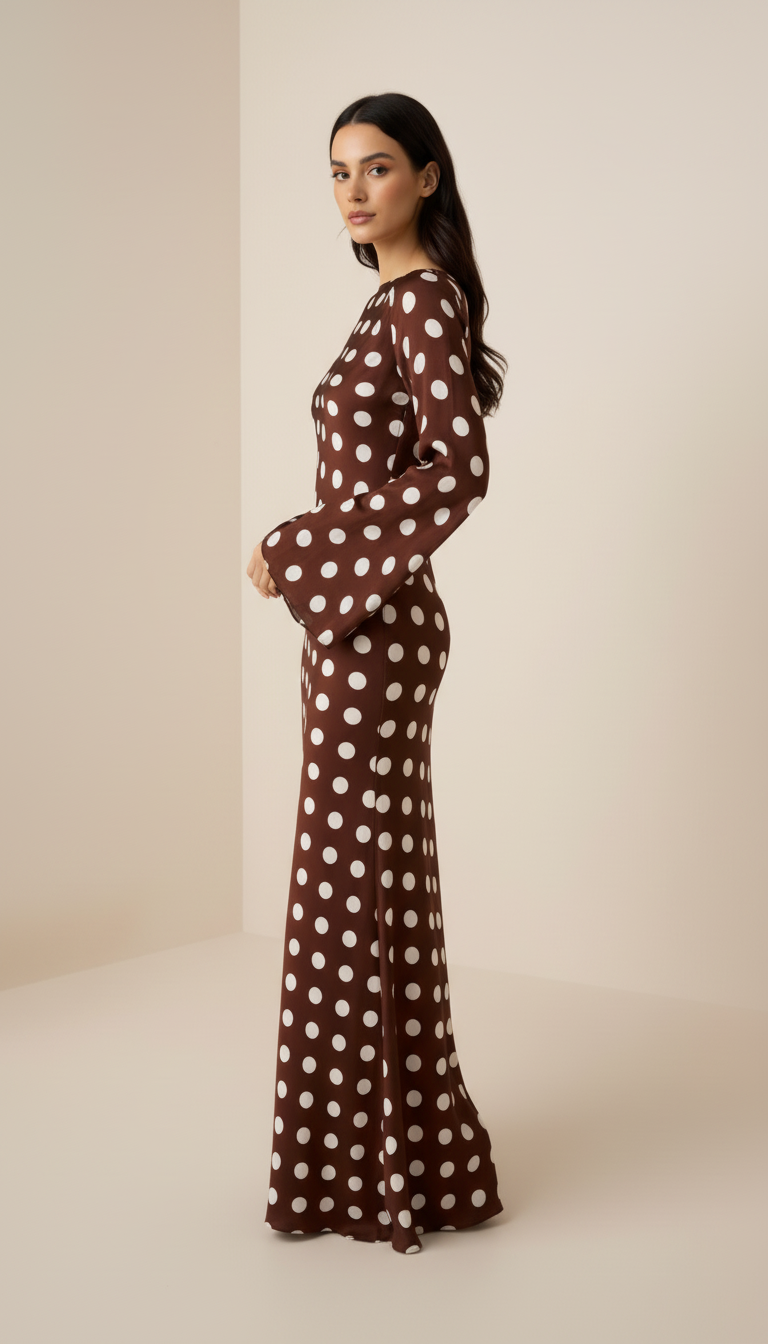 Brązowa satynowa sukienka maxi w grochy z rozszerzanymi rękawami