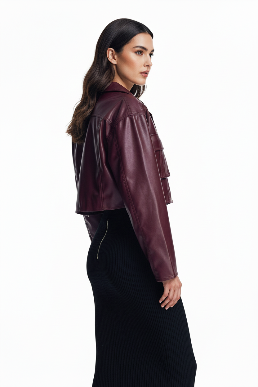 Bordowa krótka kurtka z eko skóry z dużymi kieszeniami i kołnierzem z klapami