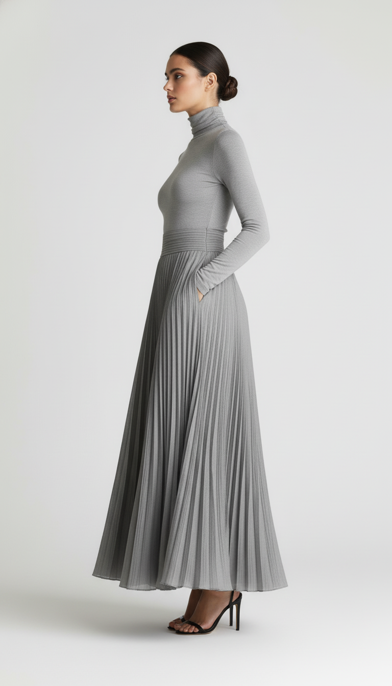 Zestaw dwuczęściowy z golfem i szeroką plisowaną spódnicą