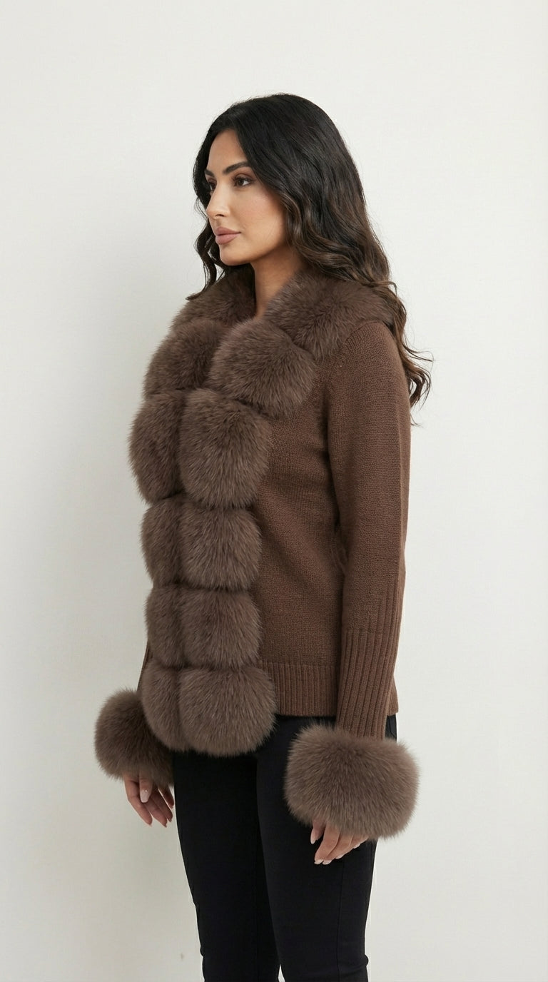 Kardigan dzianinowy z kołnierzem ze sztucznego futra z panelem z przodu i mankietami ze sztucznego futra