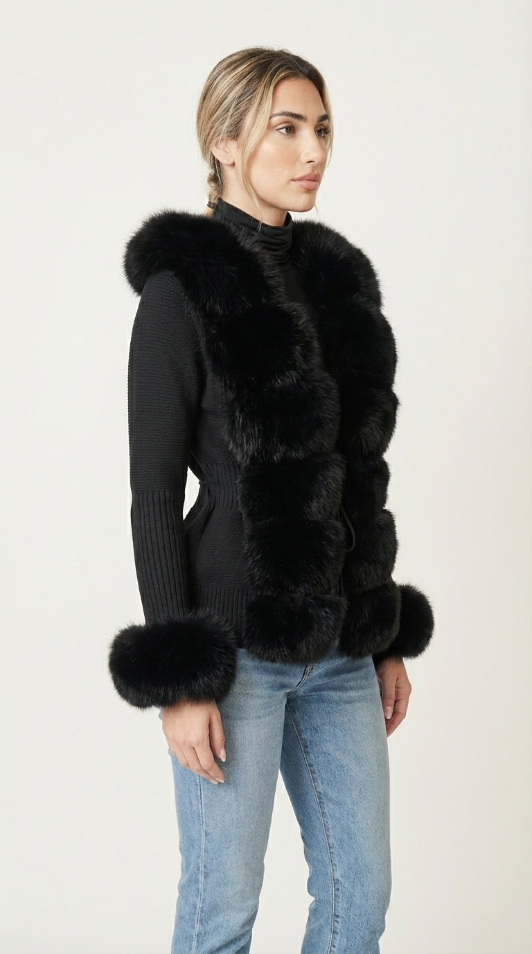 Kardigan dzianinowy z kołnierzem ze sztucznego futra z panelem z przodu i mankietami ze sztucznego futra