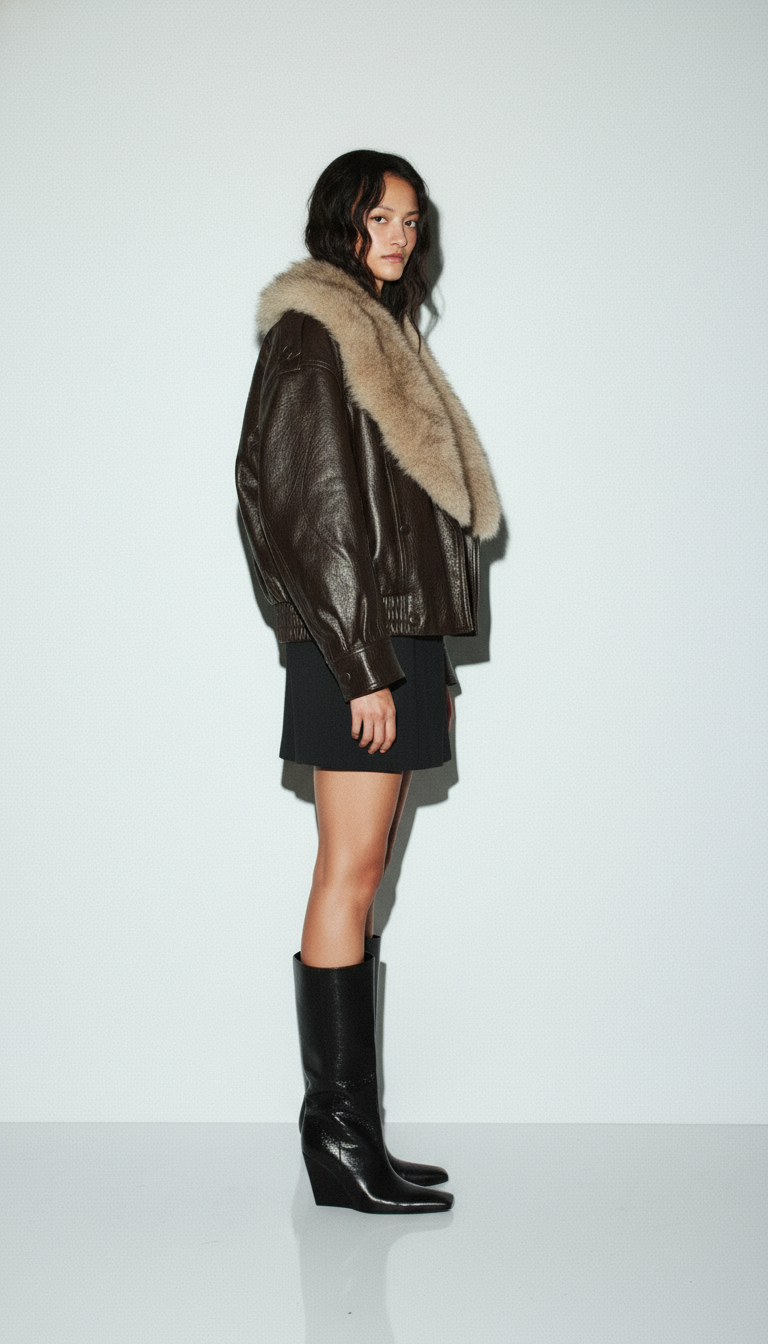 Ciemnobrązowa bomberka z ekoskóry z szerokim sztucznym futrzanym kołnierzem