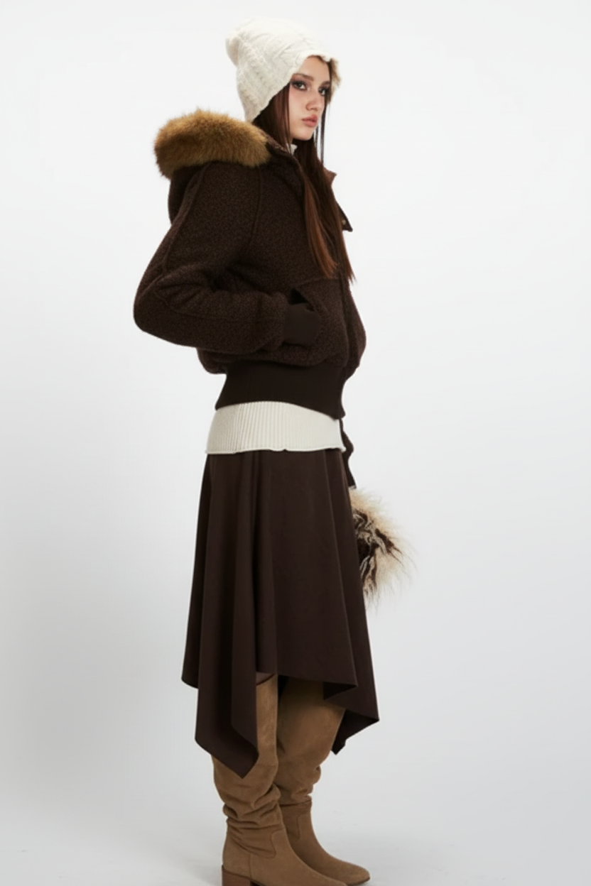 Krótka ciemnobrązowa kurtka bomber z kapturem z dzianiny teddy ze sztucznym futerkiem
