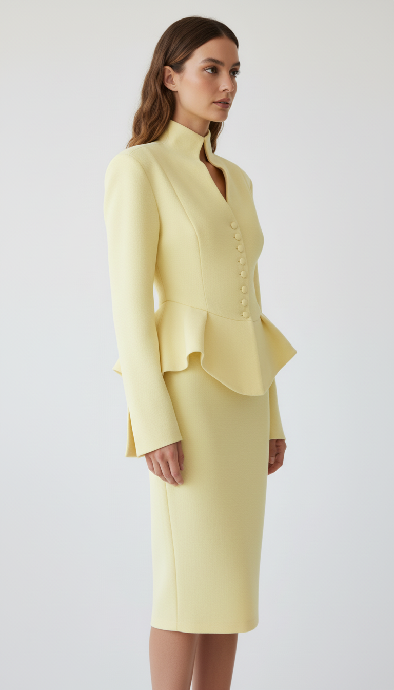 Komplet ze spódnicą midi i taliowanym żakietem ze stójką, baskinką i rzędem oblekanych guzików