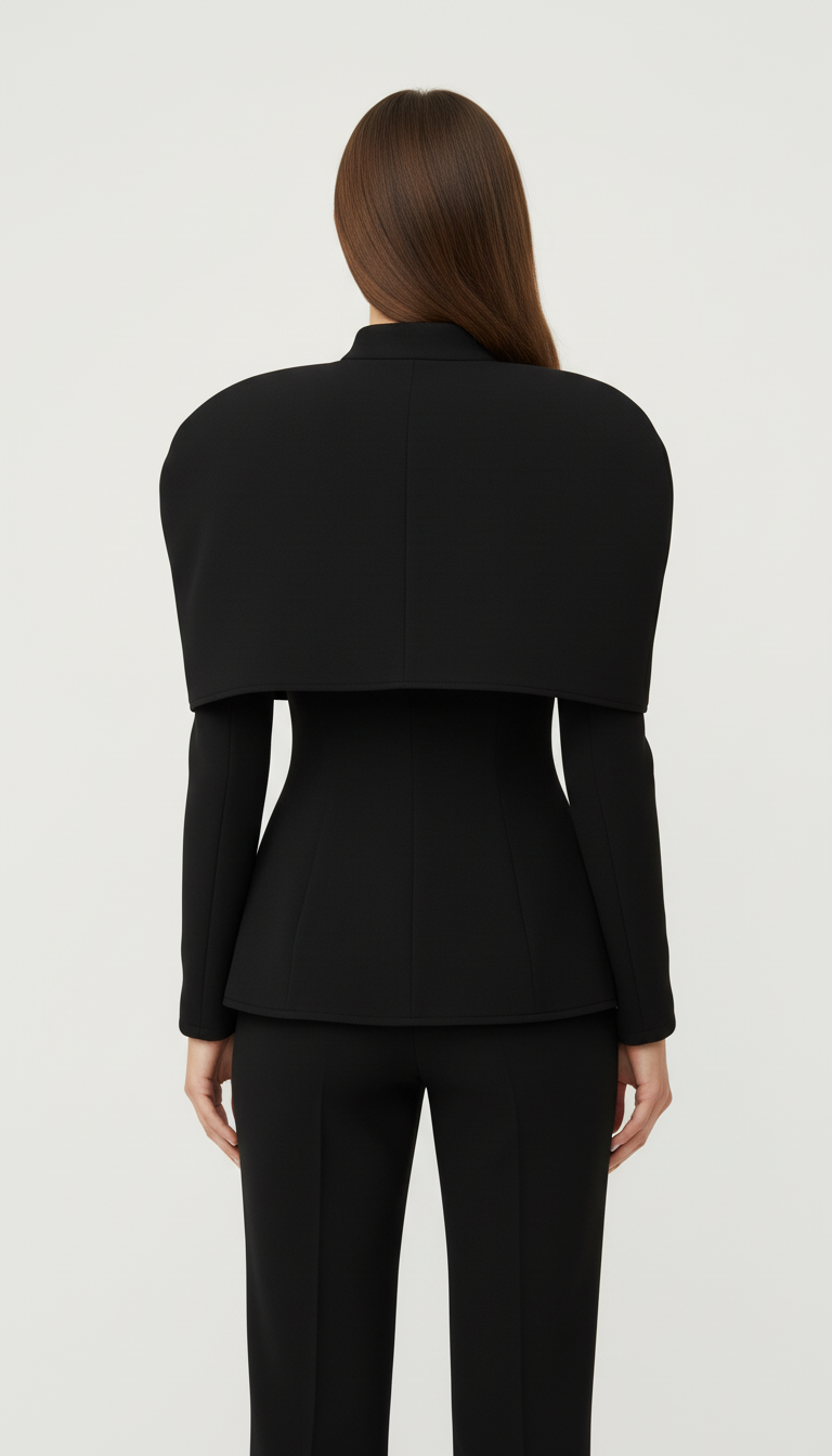 Czarny żakiet z warstwową konstrukcją ramion i łezkowymi zapięciami w odcieniu złota