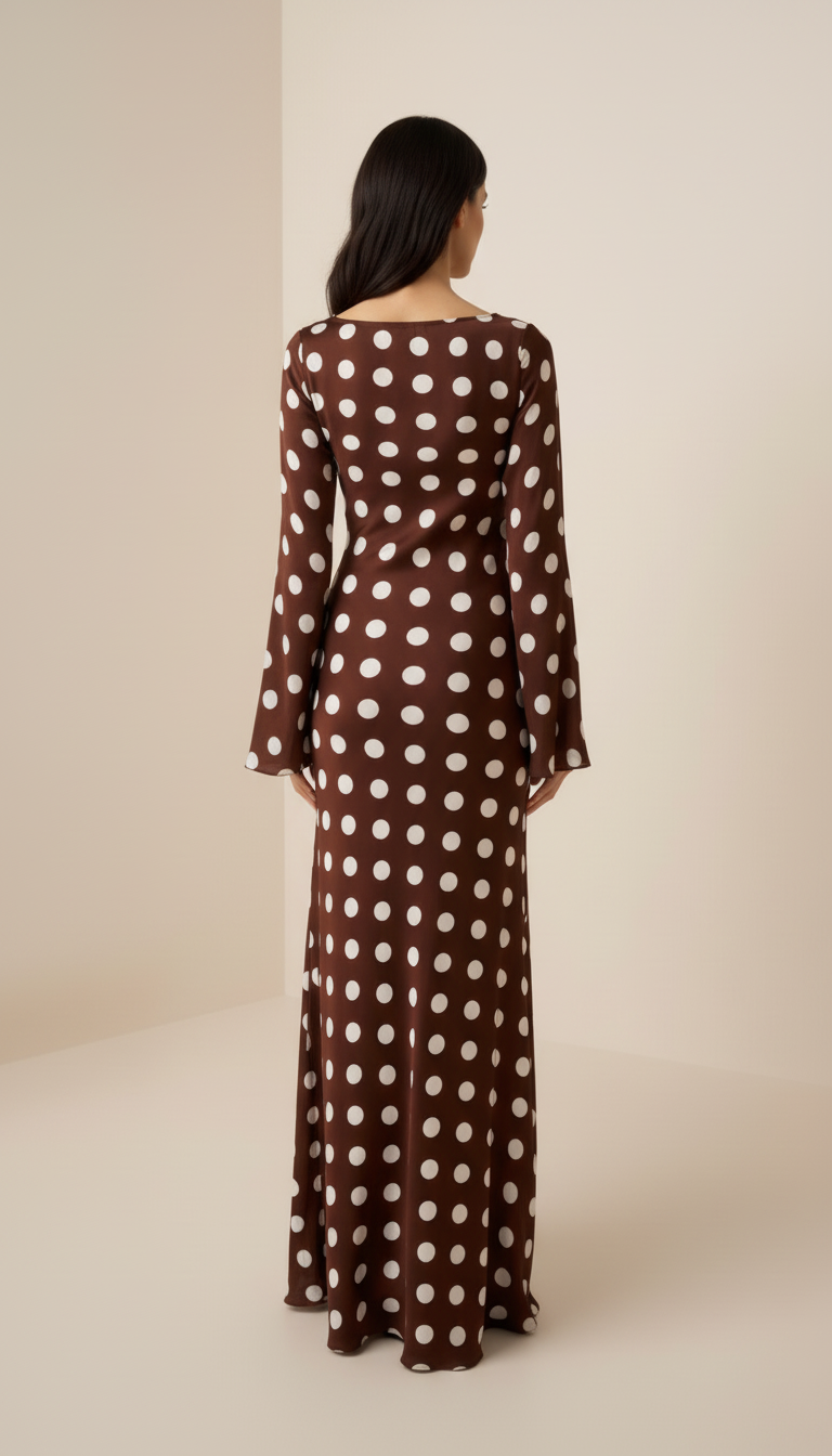 Brązowa satynowa sukienka maxi w grochy z rozszerzanymi rękawami