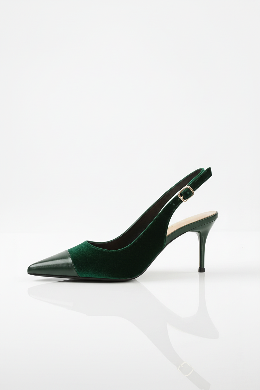 Aksamitne czółenka slingback z kontrastowym noskiem na niskiej szpilce