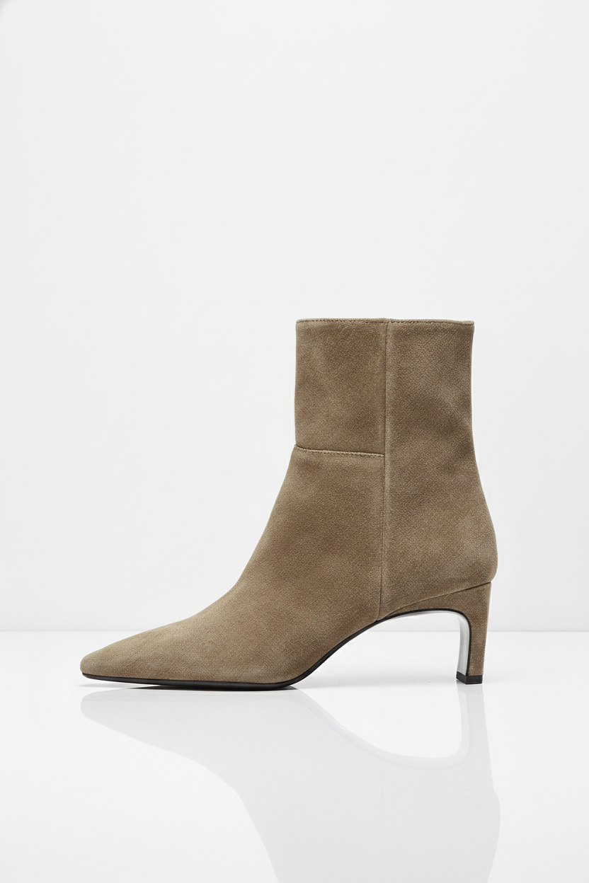 Botki za kostkę w kolorze taupe z miękkiego zamszu syntetycznego na niskim obcasie