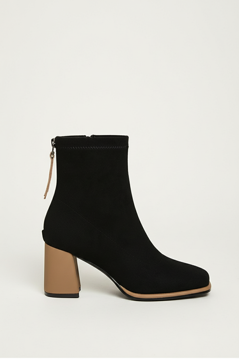 Botki na słupku za kostkę z miękkiego sztucznego zamszu z tylnym zamkiem i kwadratowym noskiem