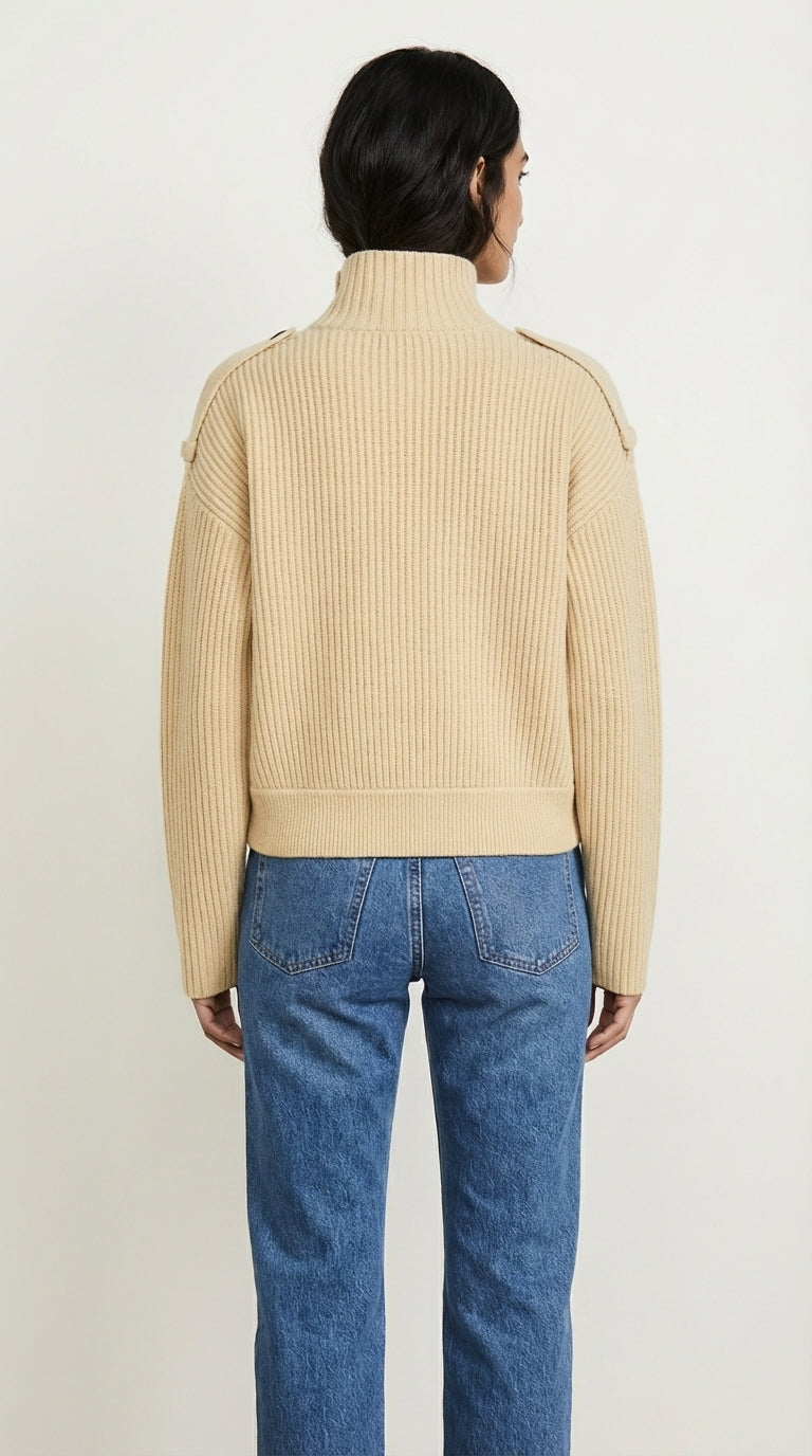 Beżowy prążkowany sweter kardigan z golfem zapinanym na guziki o luźnym kroju