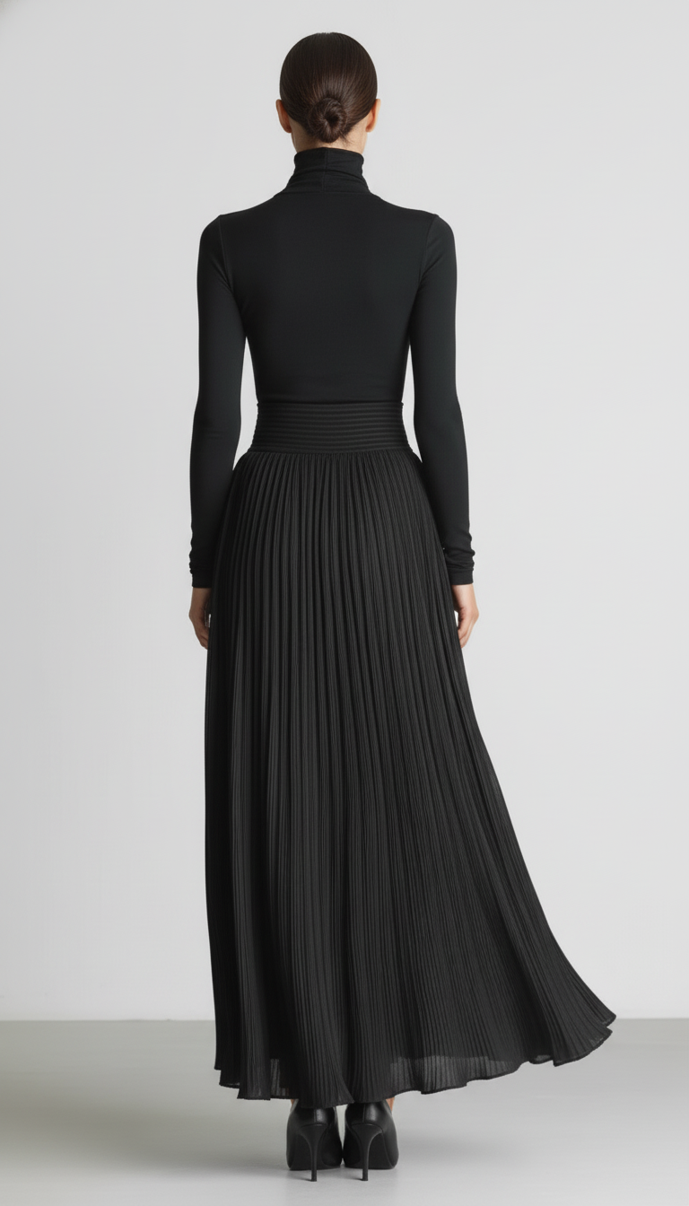 Zestaw dwuczęściowy z golfem i szeroką plisowaną spódnicą