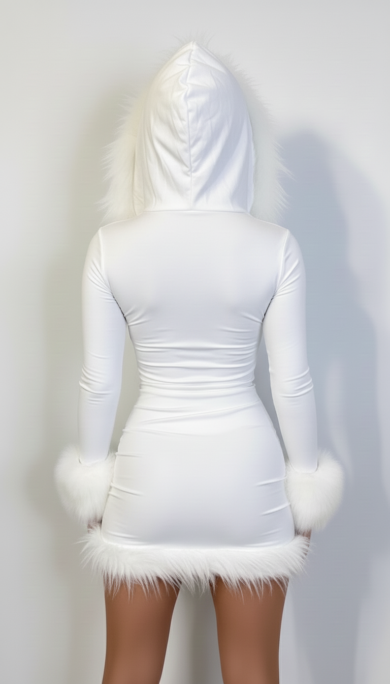 Biała mini sukienka z kapturem i sztucznym futerkiem na mankietach i dole