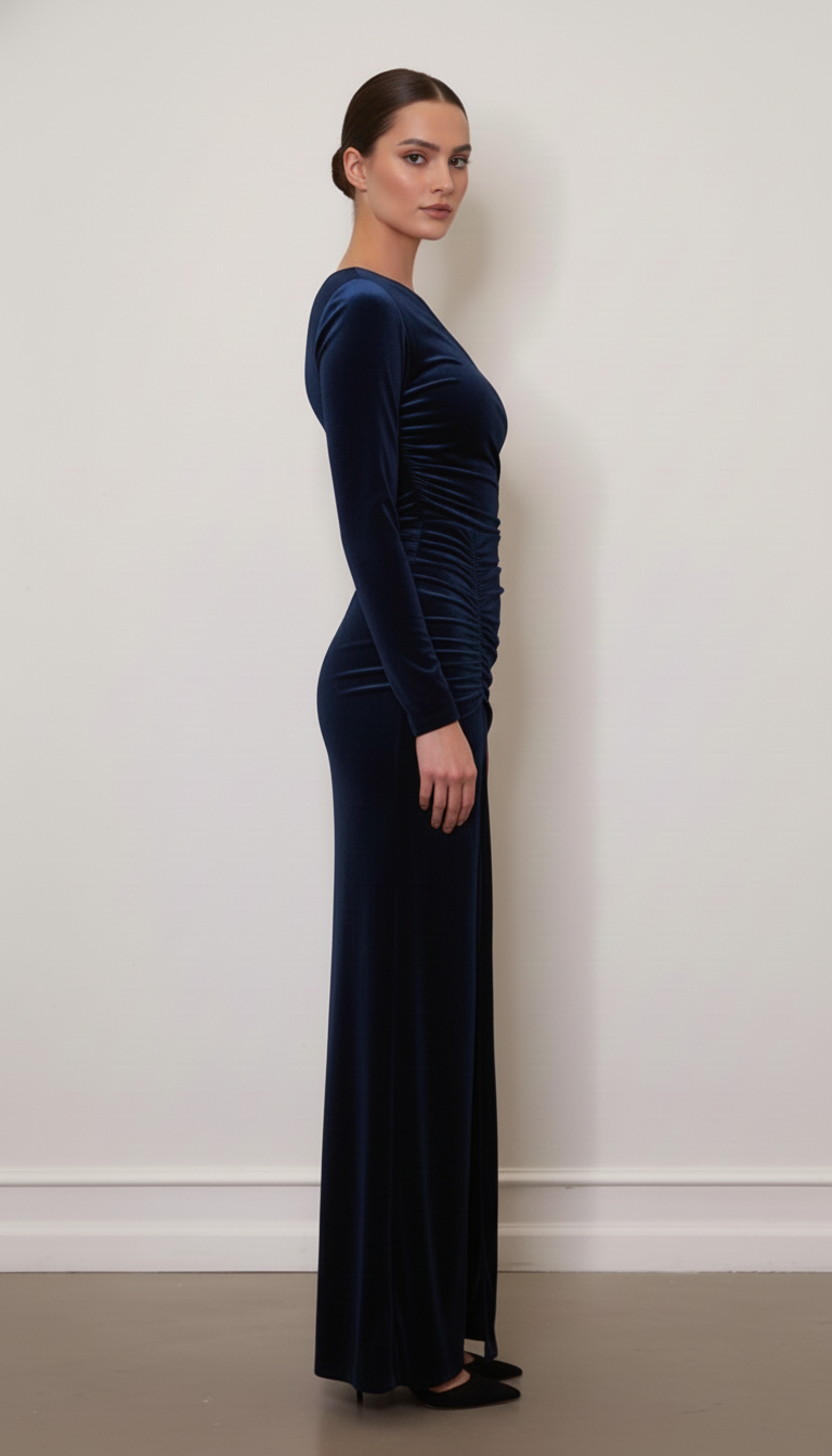 Asymetryczna welurowa sukienka maxi z marszczeniem i rozcięciem