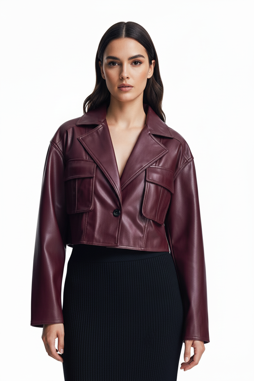 Bordowa krótka kurtka z eko skóry z dużymi kieszeniami i kołnierzem z klapami