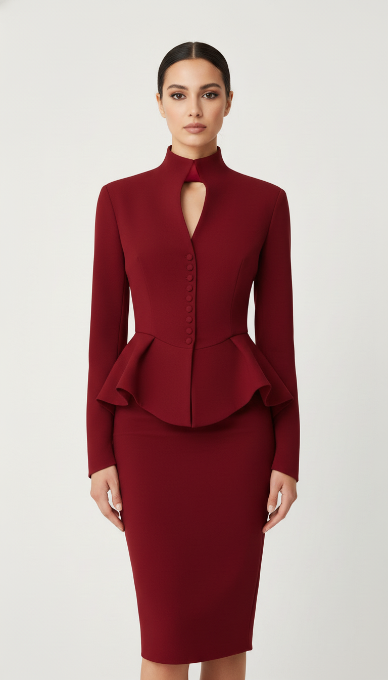 Komplet ze spódnicą midi i taliowanym żakietem ze stójką, baskinką i rzędem oblekanych guzików