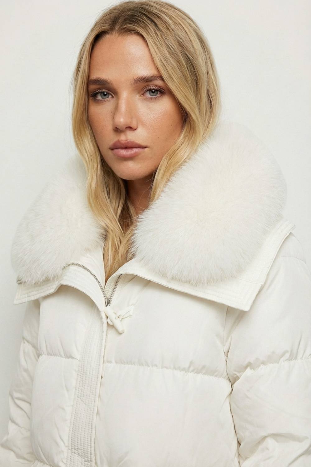 Kurtka zimowa oversize pikowana z dużym kołnierzem ze sztucznego futra i regulacją dołu