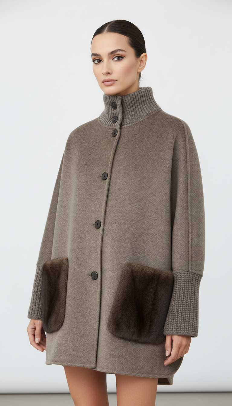 Kurtka oversize z wełnianej mieszanki z wysokim kołnierzem i kieszeniami ze sztucznego futerka