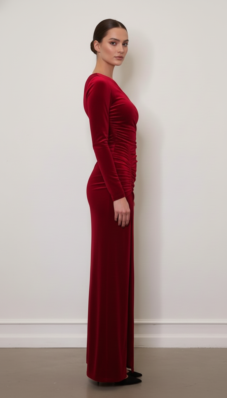 Asymetryczna welurowa sukienka maxi z marszczeniem i rozcięciem