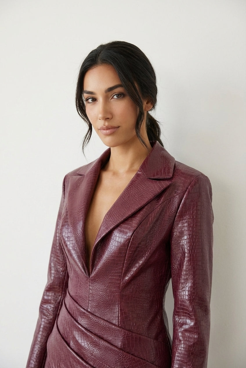 Bordowa marynarka-sukienka z fakturą krokodyla ze sztucznej skóry