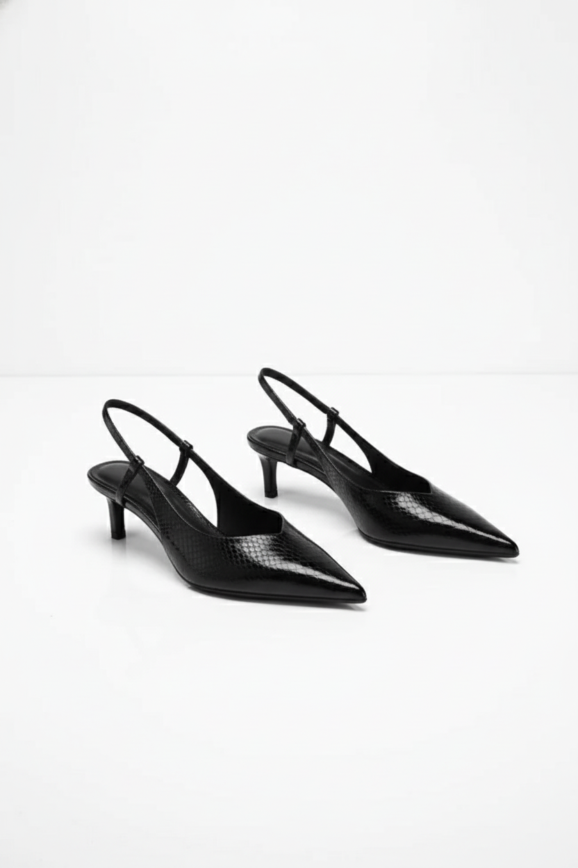 Czarne czółenka slingback ze sztucznej skóry z tłoczeniem croco na niskim obcasie