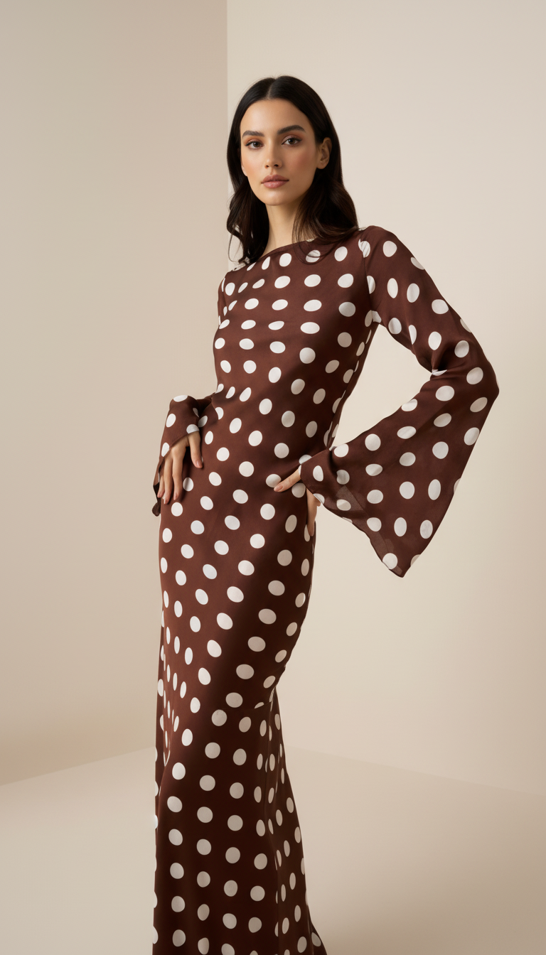 Brązowa satynowa sukienka maxi w grochy z rozszerzanymi rękawami