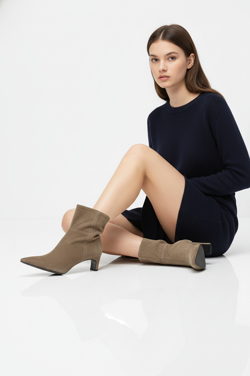 Botki za kostkę w kolorze taupe z miękkiego zamszu syntetycznego na niskim obcasie