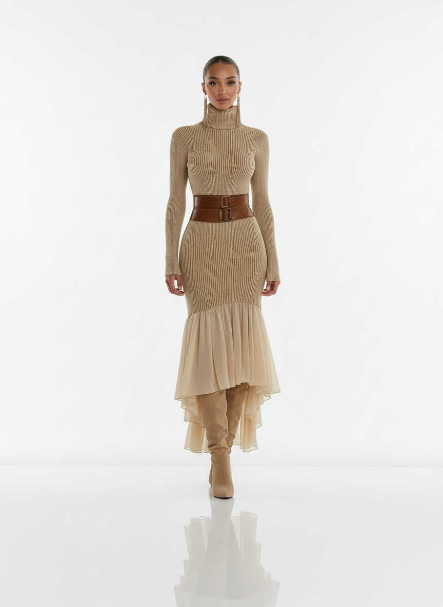 Beżowa dzianinowa sukienka maxi z golfem i falbanistym dołem