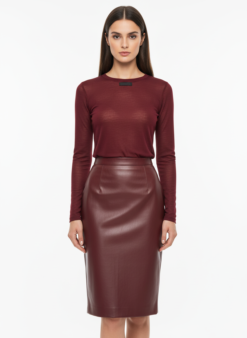 Bordowa długa spódnica z eko skóry o prostym kroju