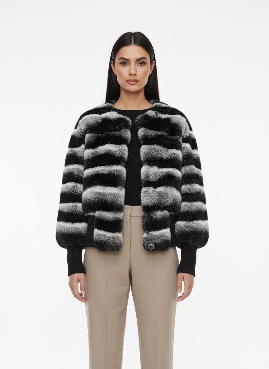 Szaro-czarna sztuczna futrzana kurtka z poziomym pikowaniem i elastycznym dołem