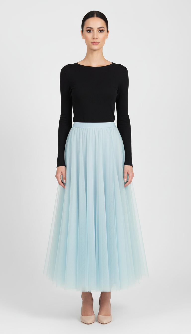 Warstwowa tiulowa spódnica midi z wysokim stanem