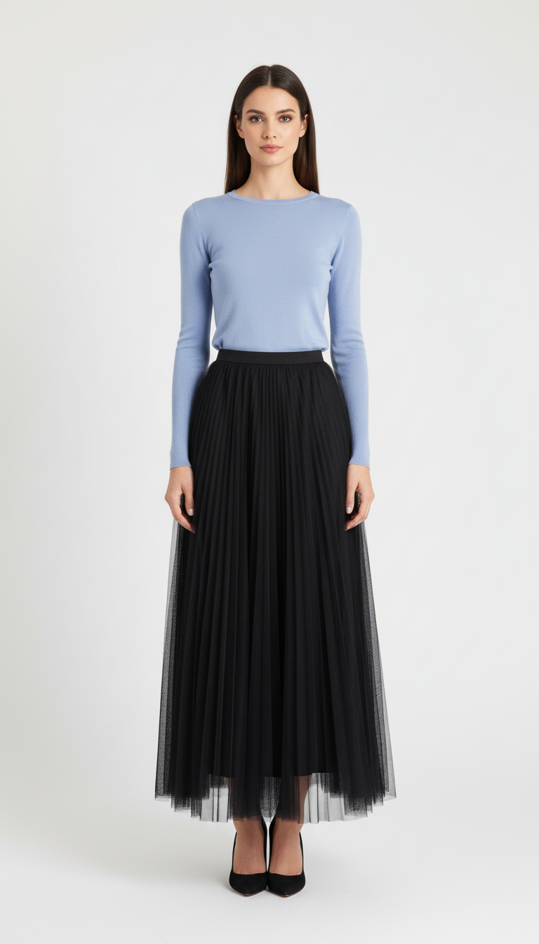 Warstwowa tiulowa spódnica midi z wysokim stanem