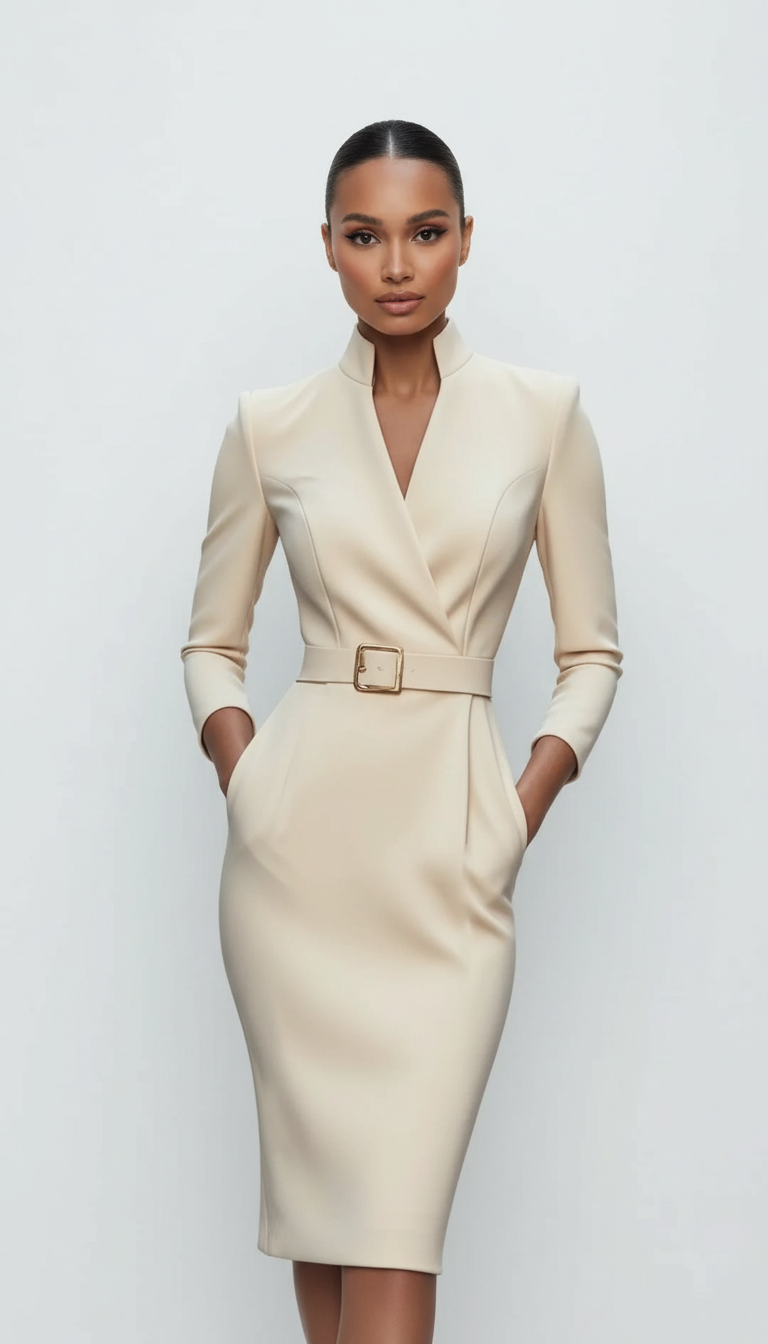 Sukienka ołówkowa midi z paskiem i kołnierzem
