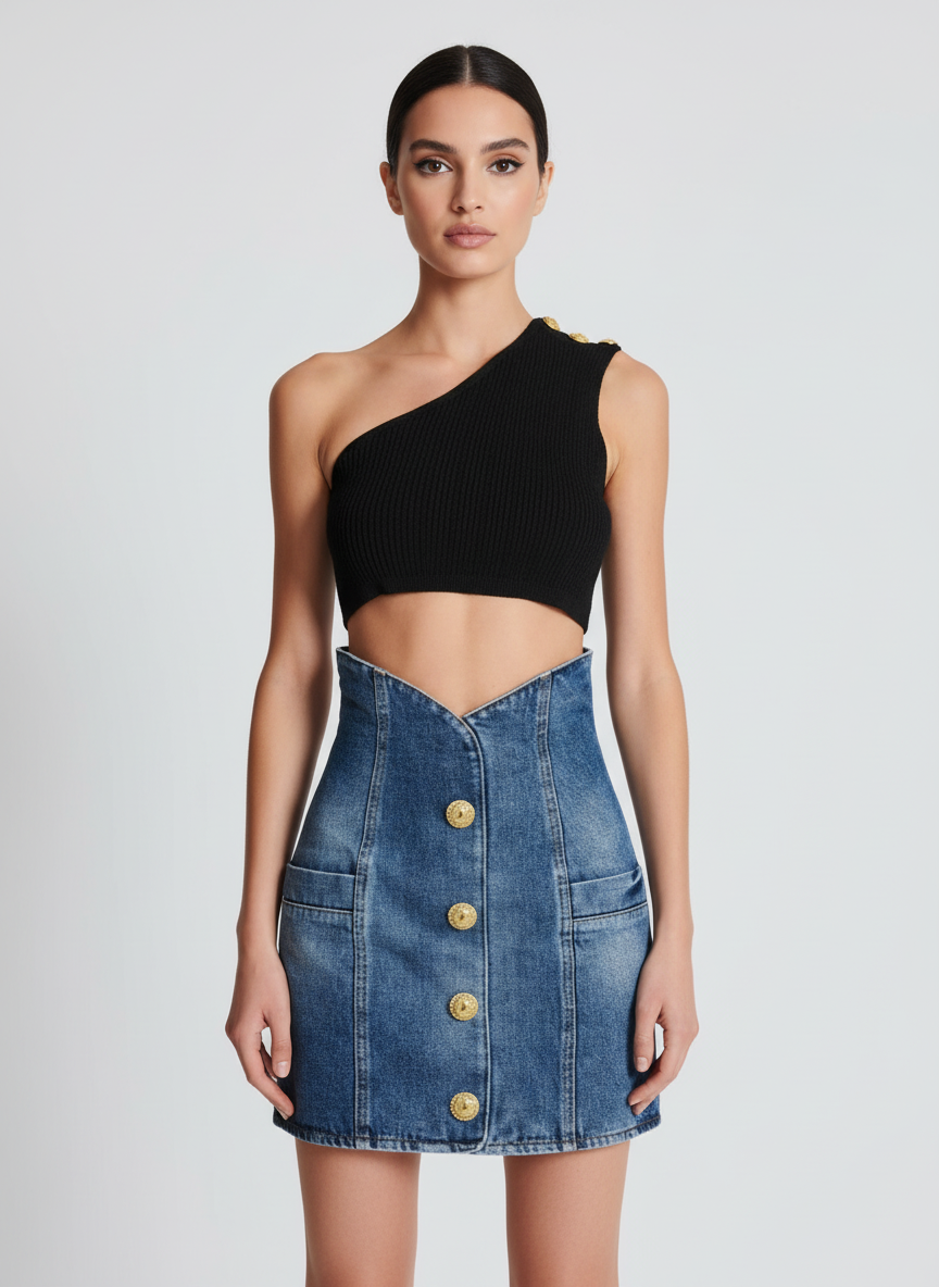 Niebieska denimowa mini spódnica z wysokim stanem i guzikami w złotym odcieniu