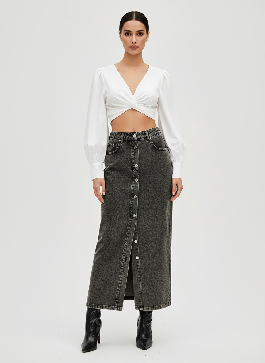 Długa spódnica maxi z denimu w ciemnoszarym kolorze z guzikami z przodu