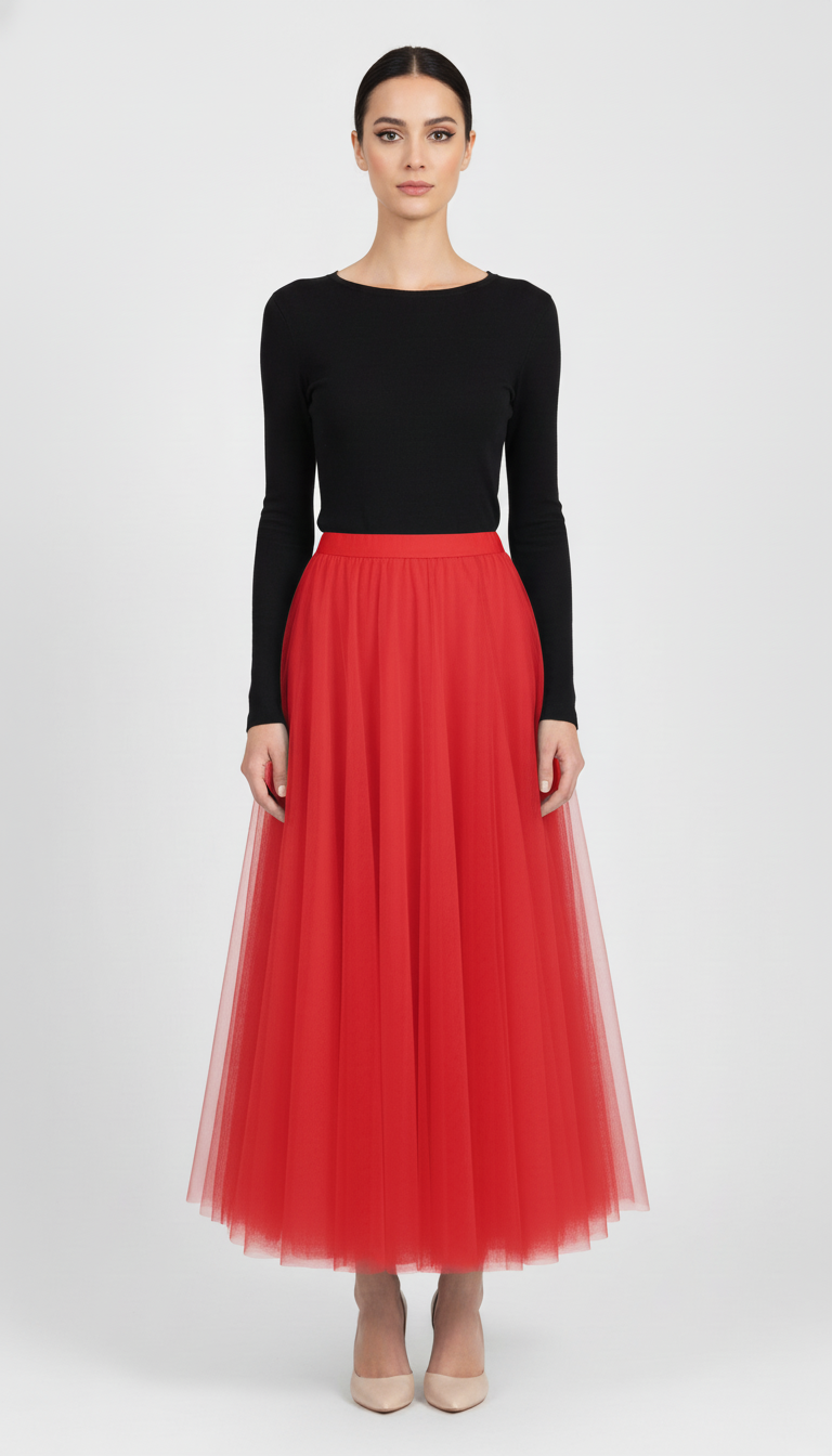 Warstwowa tiulowa spódnica midi z wysokim stanem