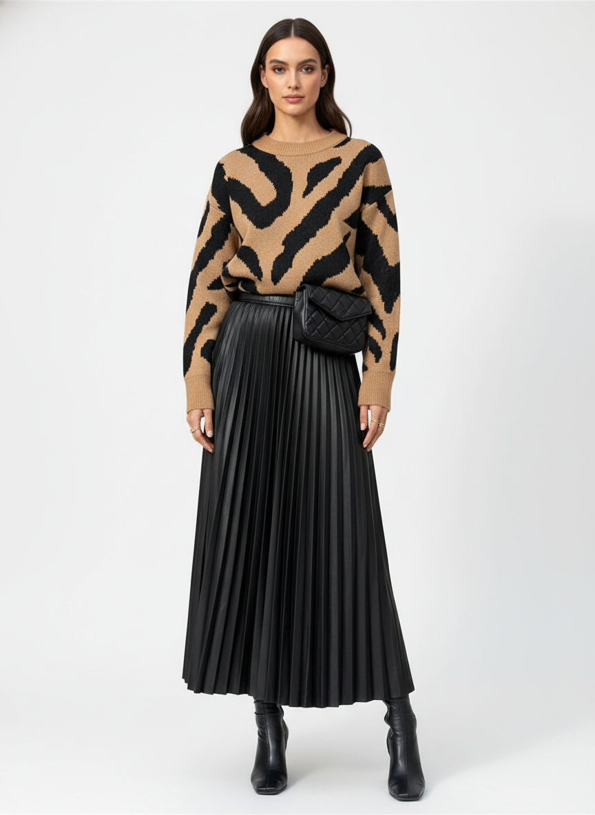 Plisowana spódnica midi z imitacji skóry o podwyższonej talii