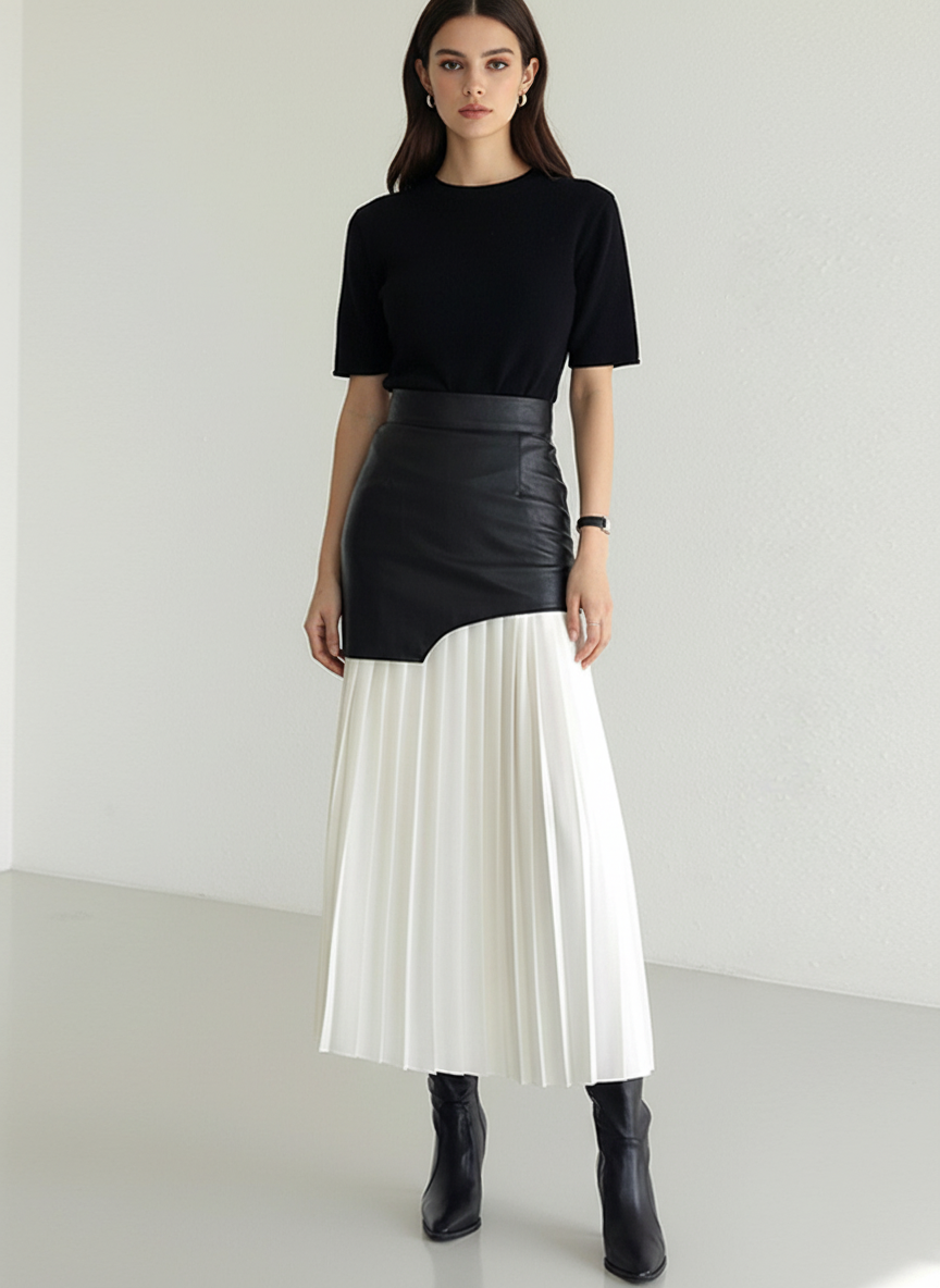 Asymetryczna długa spódnica z ekoskóry i plisowanego szyfonu