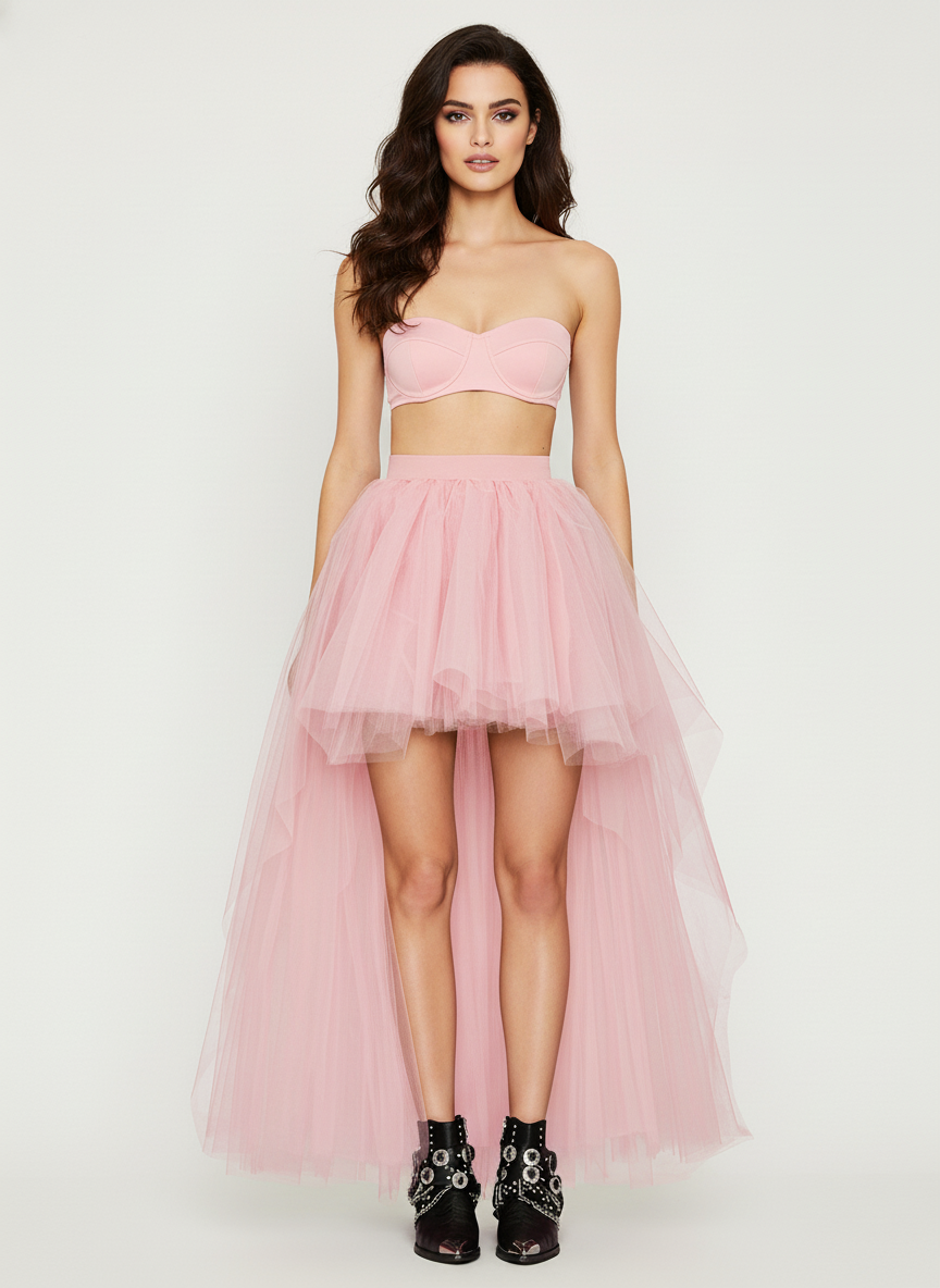 Tiulowa spódnica o asymetrycznej długości z warstwowym dołem